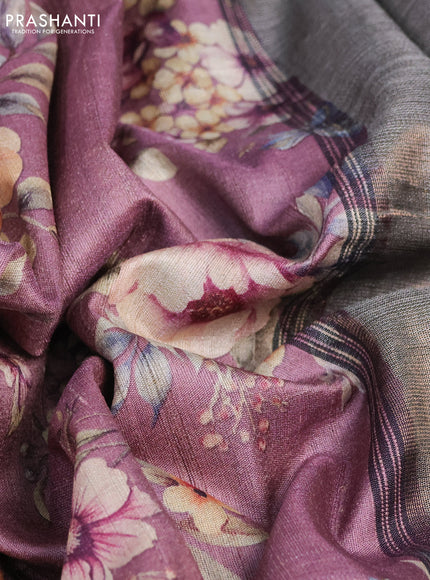Pure tussar silk saree mauve pink and black with floral digital prints and temple design zari checked border