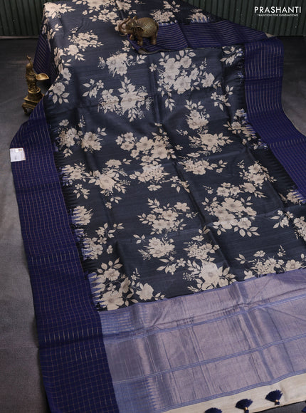 Pure tussar silk saree grey and blue with floral digital prints and temple design zari checked border