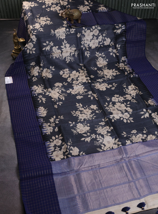 Pure tussar silk saree grey and blue with floral digital prints and temple design zari checked border