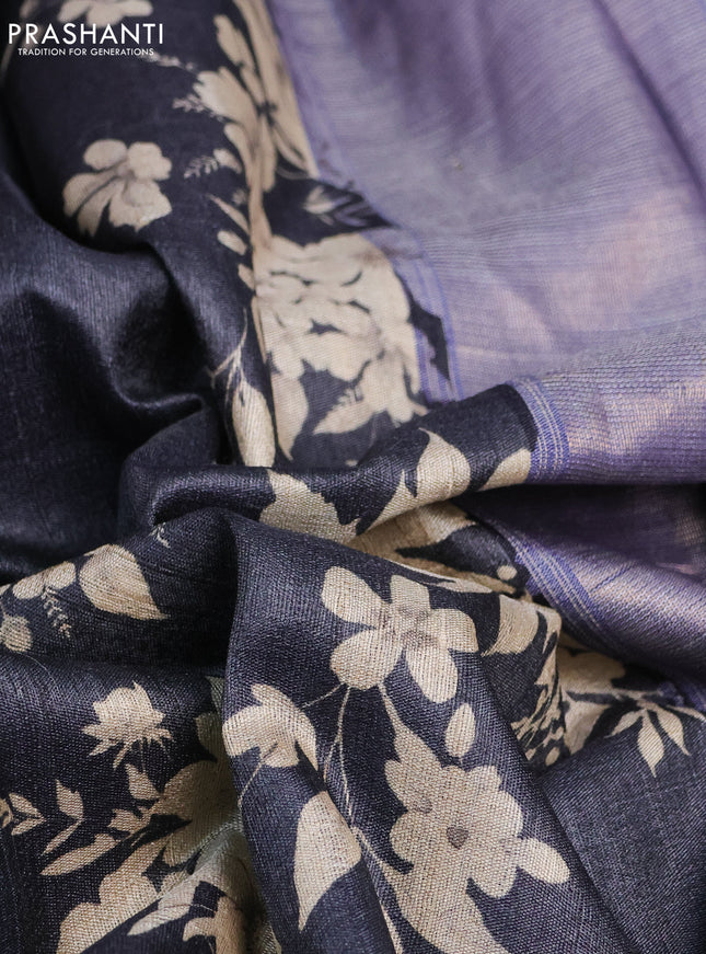 Pure tussar silk saree grey and blue with floral digital prints and temple design zari checked border
