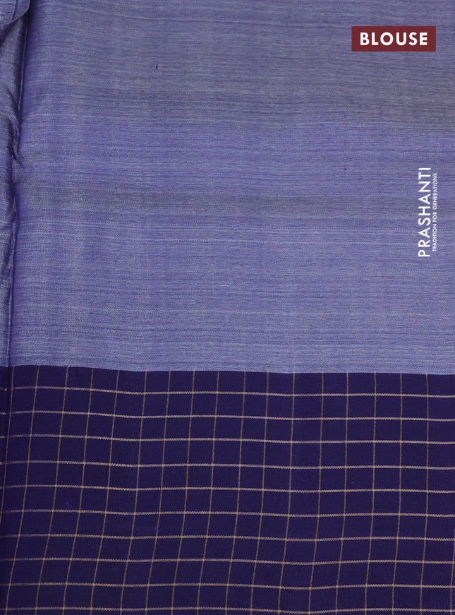 Pure tussar silk saree grey and blue with floral digital prints and temple design zari checked border