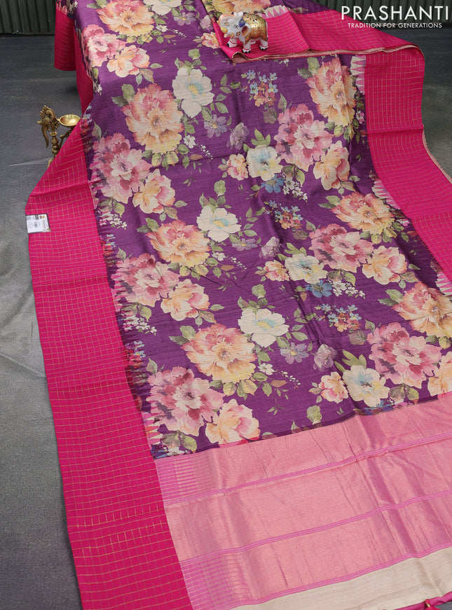 Pure tussar silk saree purple and pink with floral digital prints and temple design zari checked border