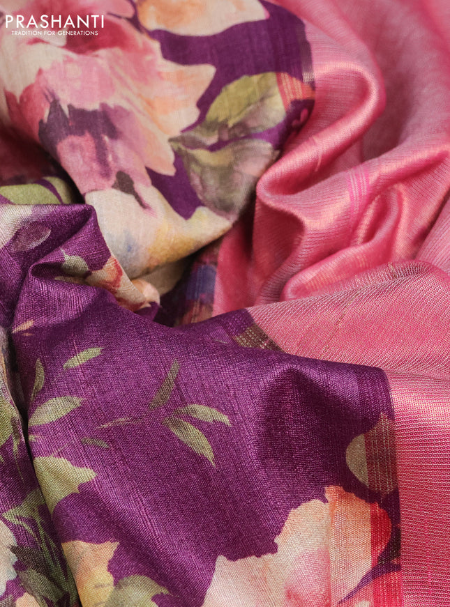 Pure tussar silk saree purple and pink with floral digital prints and temple design zari checked border