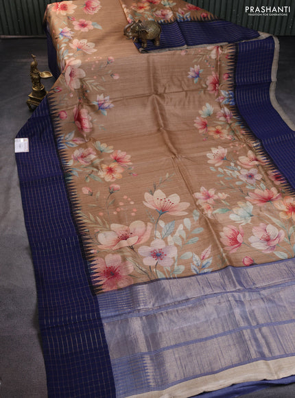 Pure tussar silk saree sandal and blue with floral digital prints and temple design zari checked border