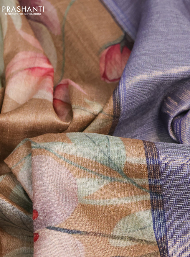 Pure tussar silk saree sandal and blue with floral digital prints and temple design zari checked border