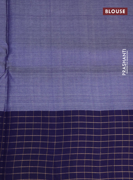 Pure tussar silk saree sandal and blue with floral digital prints and temple design zari checked border