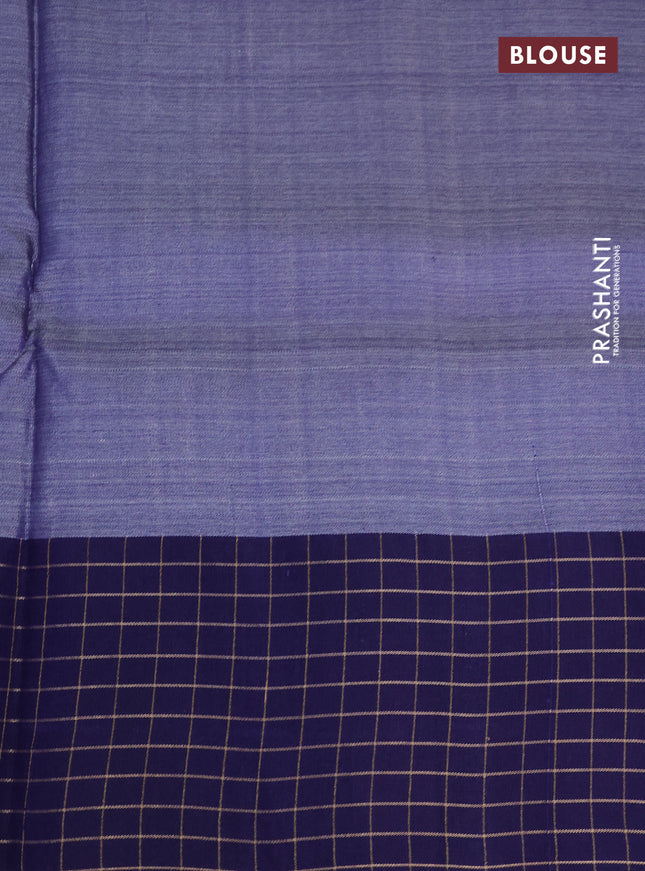 Pure tussar silk saree sandal and blue with floral digital prints and temple design zari checked border