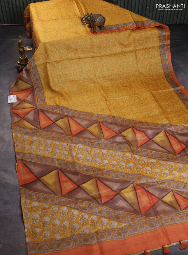 Pure tussar silk saree mustard yellow with allover prints and printed border