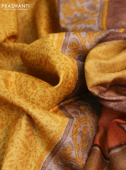 Pure tussar silk saree mustard yellow with allover prints and printed border