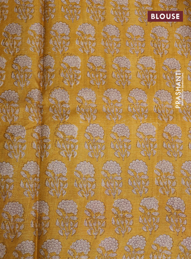 Pure tussar silk saree mustard yellow with allover prints and printed border
