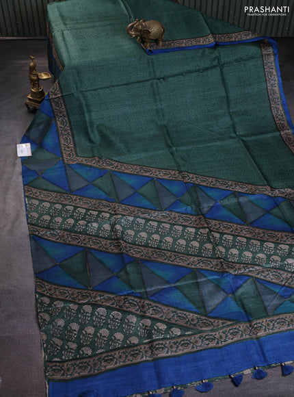 Pure tussar silk saree green and blue with allover prints and printed border