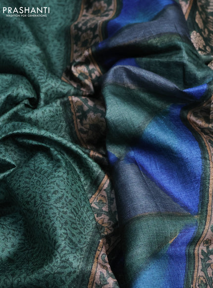 Pure tussar silk saree green and blue with allover prints and printed border