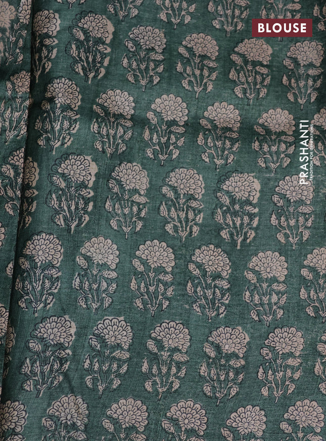 Pure tussar silk saree green and blue with allover prints and printed border