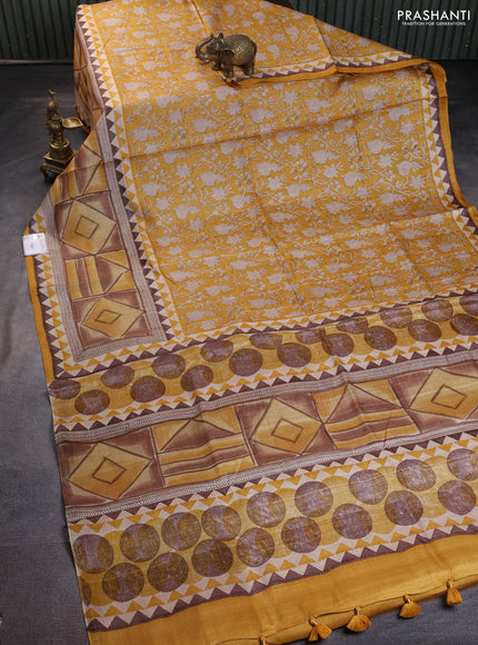 Pure tussar silk saree mustard yellow with allover kalamkari prints and printed border