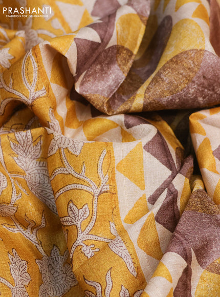 Pure tussar silk saree mustard yellow with allover kalamkari prints and printed border