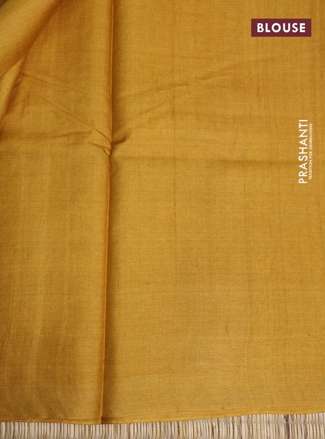 Pure tussar silk saree mustard yellow with allover kalamkari prints and printed border