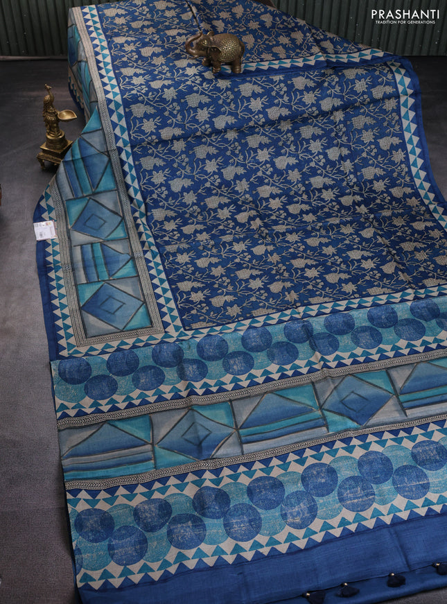 Pure tussar silk saree peacock blue with allover kalamkari prints and printed border