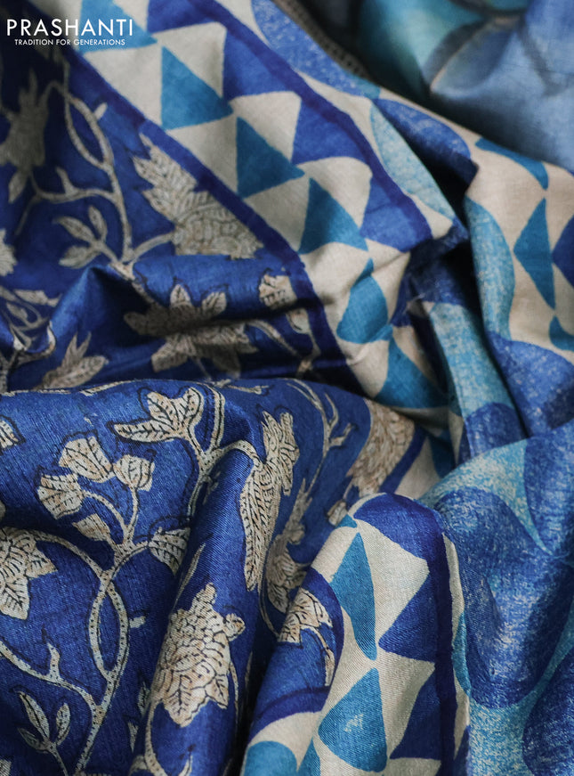 Pure tussar silk saree peacock blue with allover kalamkari prints and printed border
