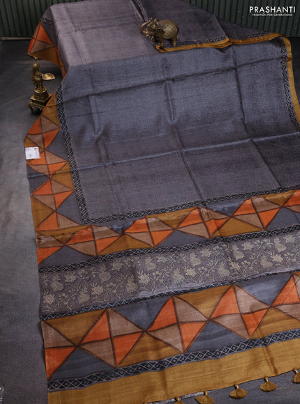 Pure tussar silk saree grey and multi colour with allover prints and printed border