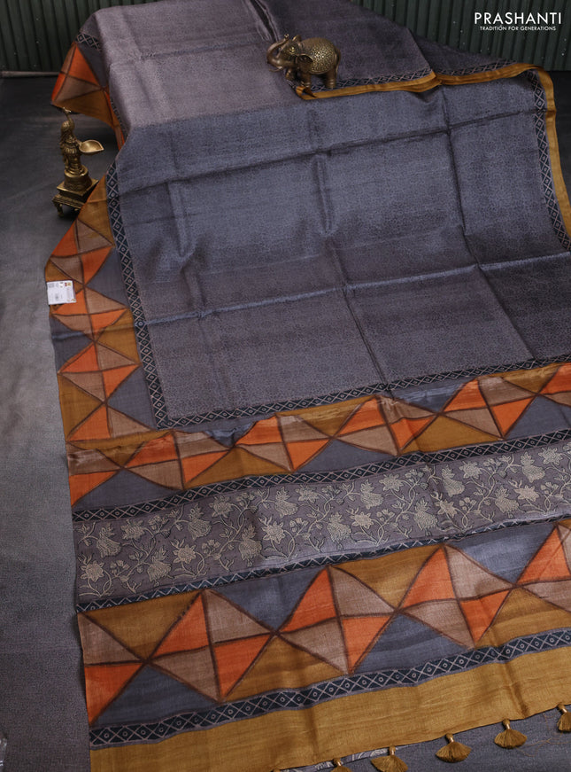 Pure tussar silk saree grey and multi colour with allover prints and printed border