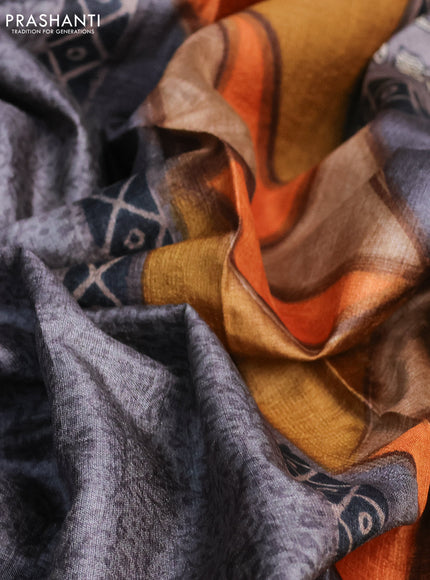 Pure tussar silk saree grey and multi colour with allover prints and printed border