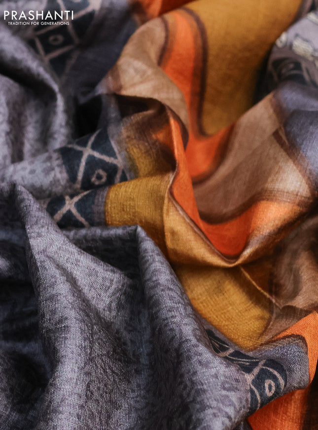 Pure tussar silk saree grey and multi colour with allover prints and printed border