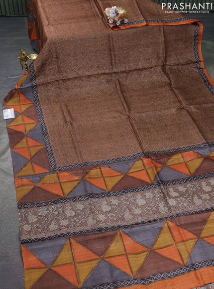 Pure tussar silk saree brown and multi colour with allover prints and printed border