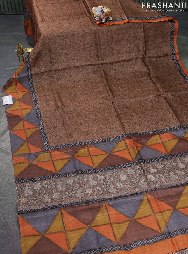 Pure tussar silk saree brown and multi colour with allover prints and printed border
