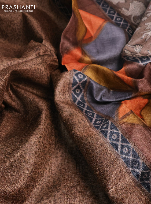 Pure tussar silk saree brown and multi colour with allover prints and printed border
