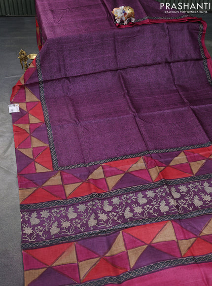 Pure tussar silk saree purple and multi colour with allover prints and printed border
