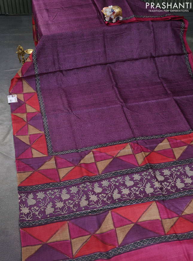 Pure tussar silk saree purple and multi colour with allover prints and printed border