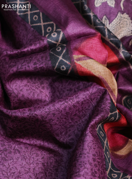 Pure tussar silk saree purple and multi colour with allover prints and printed border