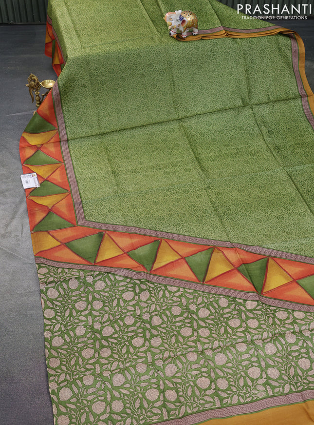Pure tussar silk saree light green and multi colour with allover prints and printed border