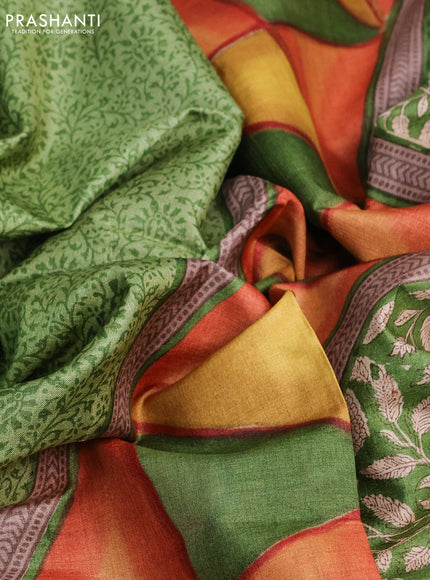 Pure tussar silk saree light green and multi colour with allover prints and printed border