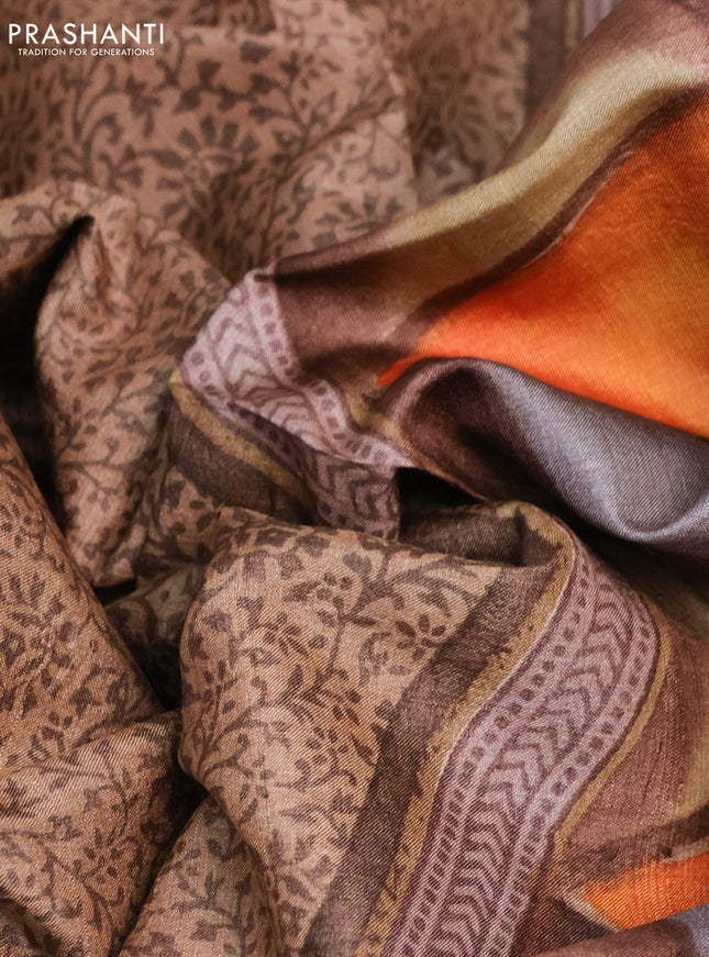 Pure tussar silk saree beige and multi colour with allover prints and printed border