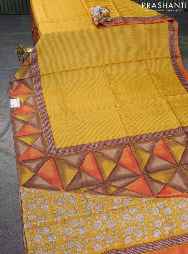 Pure tussar silk saree mustard yellow and multi colour with allover stripes pattern and printed border