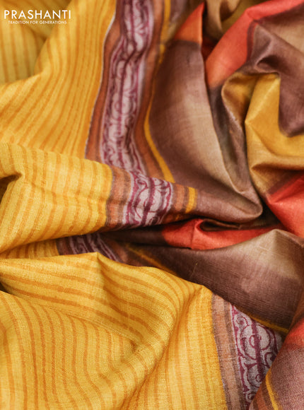 Pure tussar silk saree mustard yellow and multi colour with allover stripes pattern and printed border