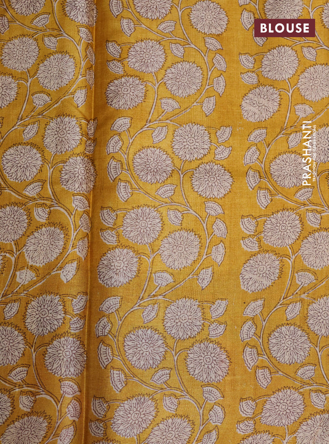 Pure tussar silk saree mustard yellow and multi colour with allover stripes pattern and printed border