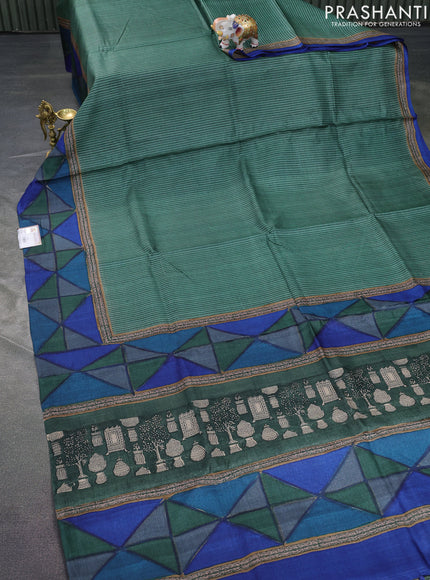 Pure tussar silk saree green and multi colour with allover stripes pattern and printed border