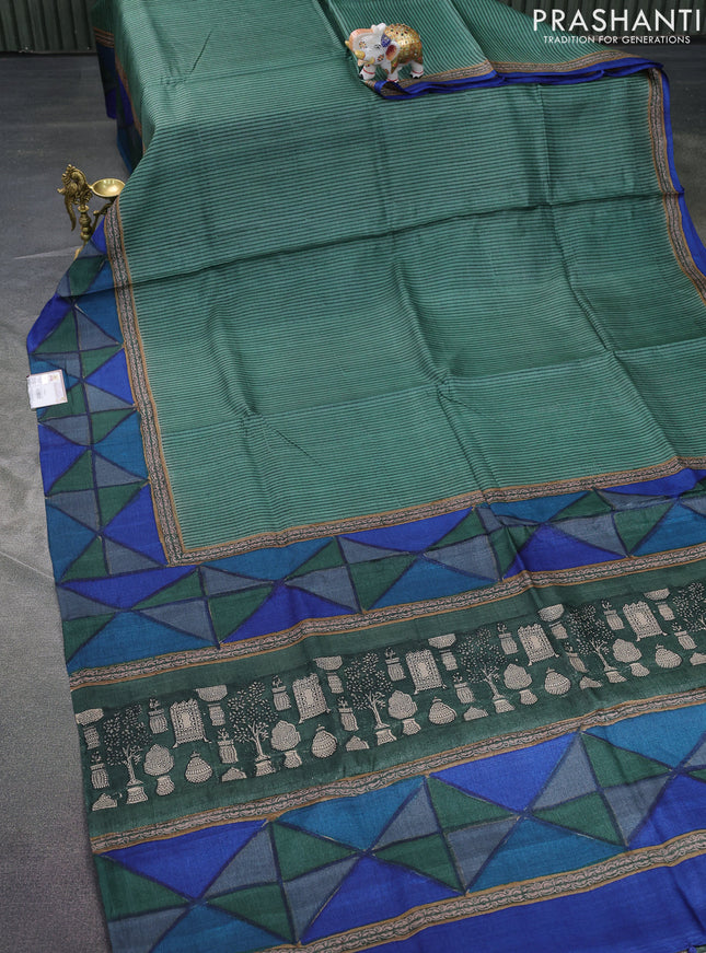 Pure tussar silk saree green and multi colour with allover stripes pattern and printed border