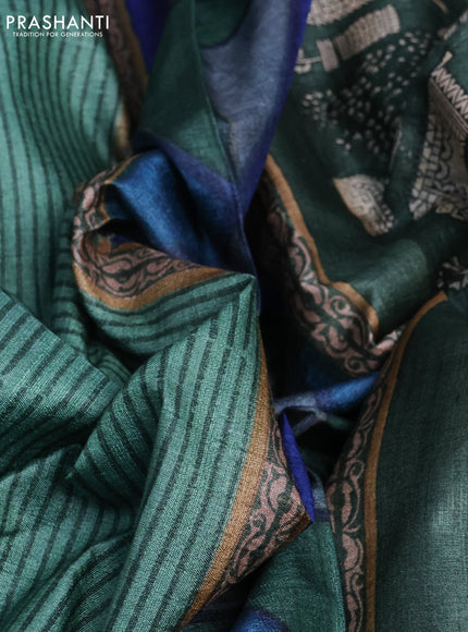 Pure tussar silk saree green and multi colour with allover stripes pattern and printed border
