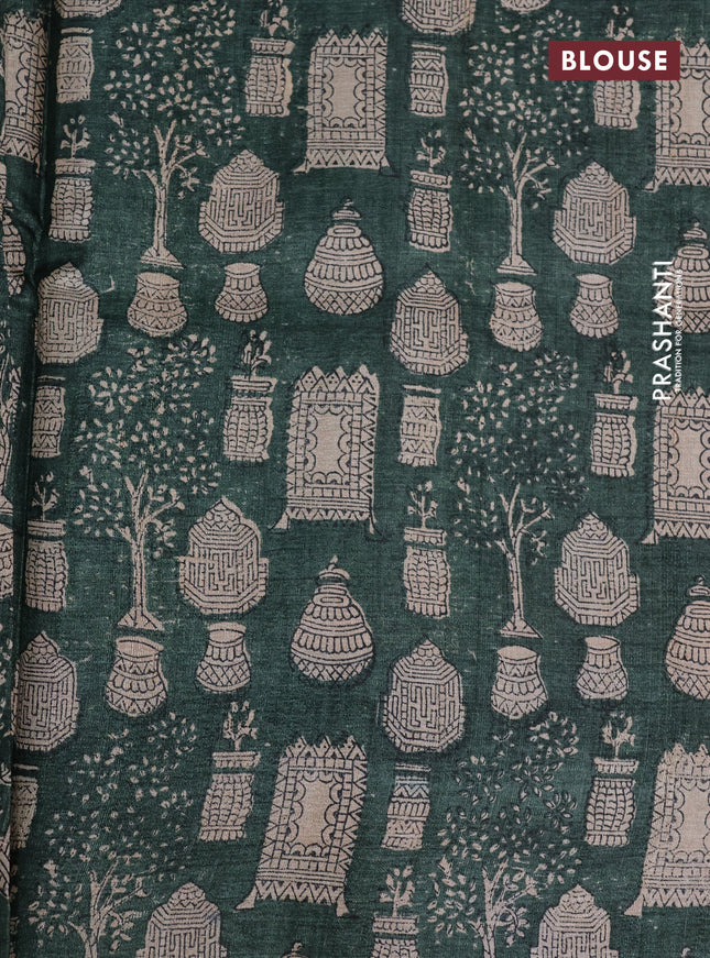 Pure tussar silk saree green and multi colour with allover stripes pattern and printed border