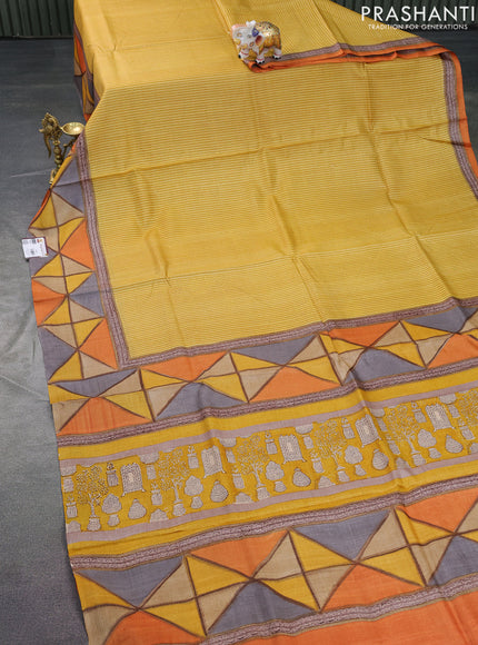 Pure tussar silk saree mustard yellow and multi colour with allover stripes pattern and printed border