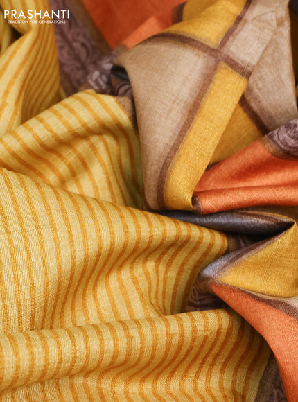 Pure tussar silk saree mustard yellow and multi colour with allover stripes pattern and printed border