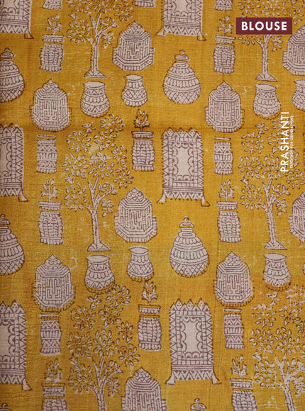 Pure tussar silk saree mustard yellow and multi colour with allover stripes pattern and printed border