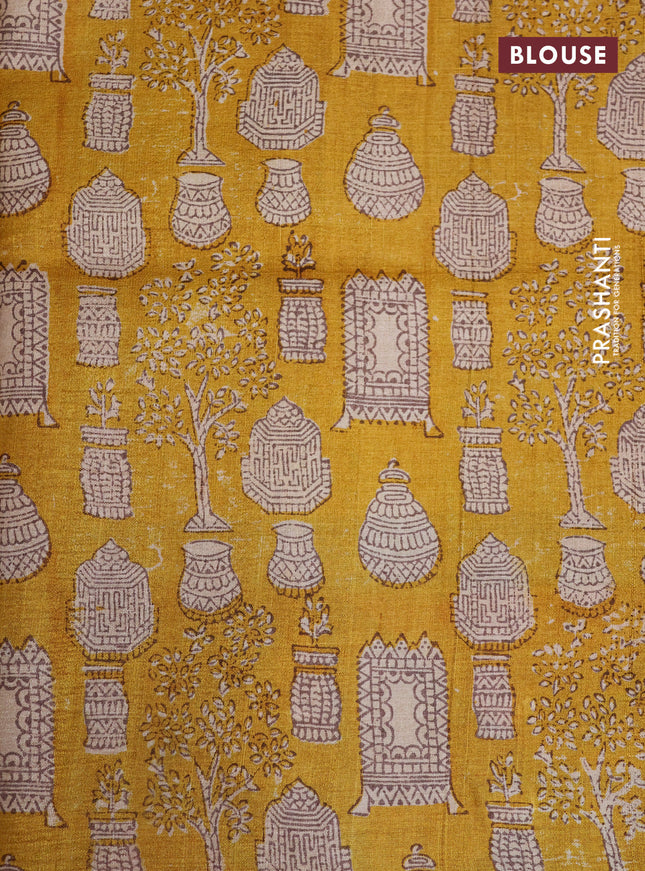 Pure tussar silk saree mustard yellow and multi colour with allover stripes pattern and printed border