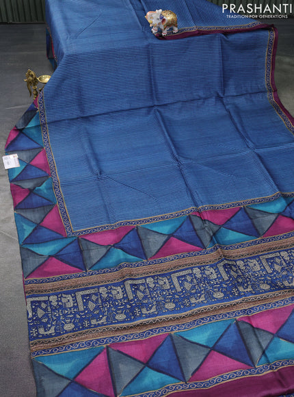 Pure tussar silk saree cs blue and multi colour with allover stripes pattern and printed border