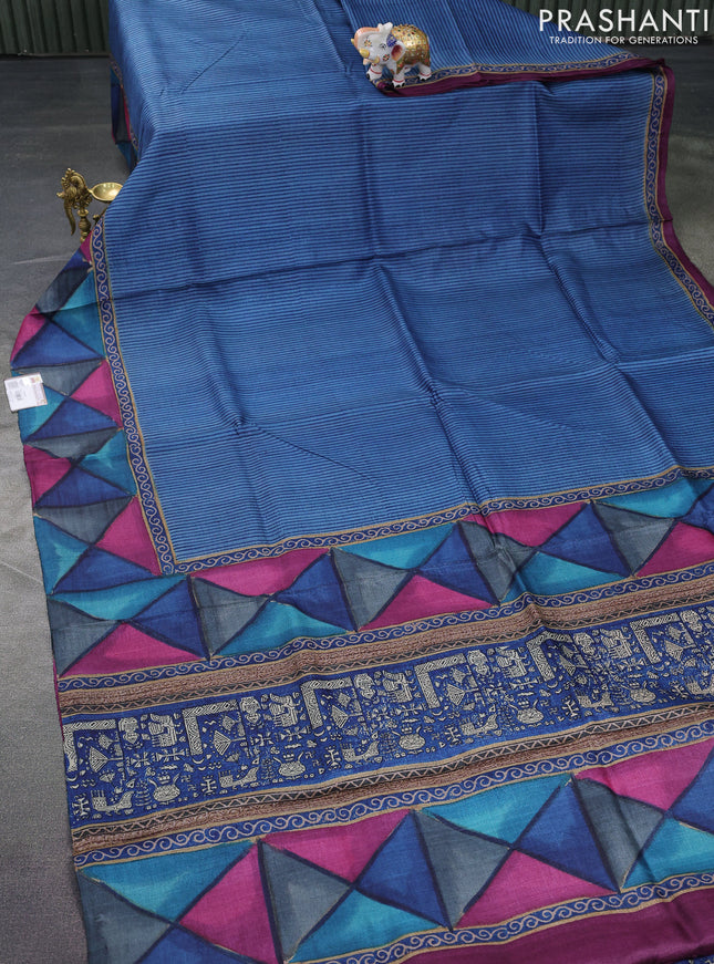 Pure tussar silk saree cs blue and multi colour with allover stripes pattern and printed border