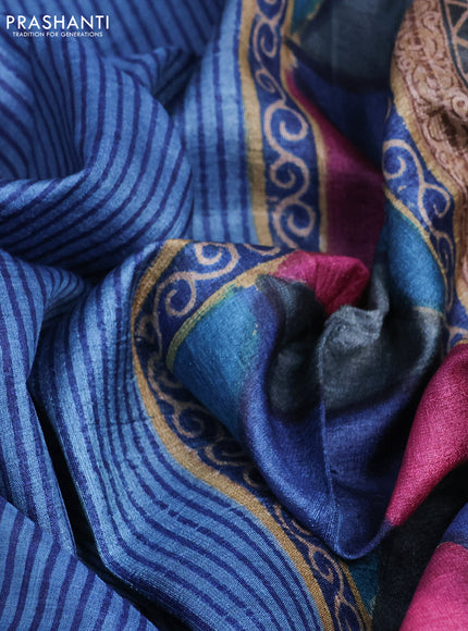 Pure tussar silk saree cs blue and multi colour with allover stripes pattern and printed border