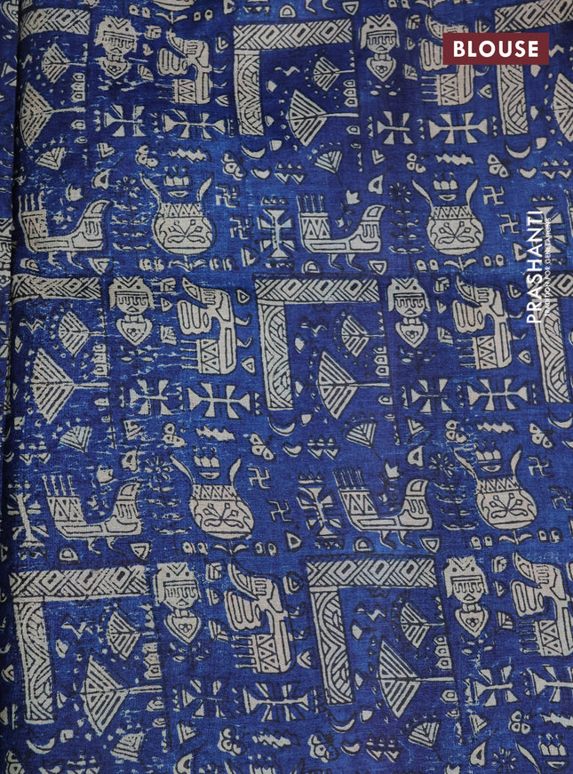 Pure tussar silk saree cs blue and multi colour with allover stripes pattern and printed border